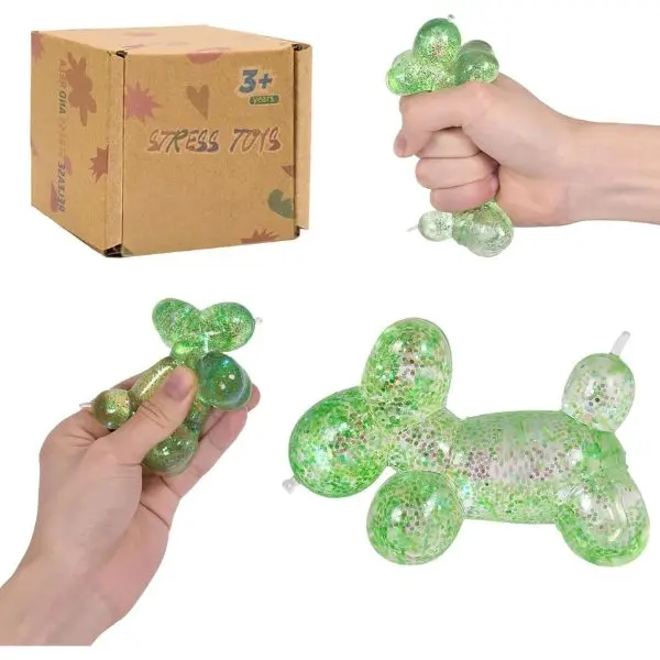 Summer Spring Gift Balloon Dog Squishy Toy, Stretchy Sensory Fidget Toy for Kids and Adults, 1.97in Soft Stress Relief Squeeze Toy, Cute Balloon Animal Desk Toy, Glitter Squishy Gift(Green)