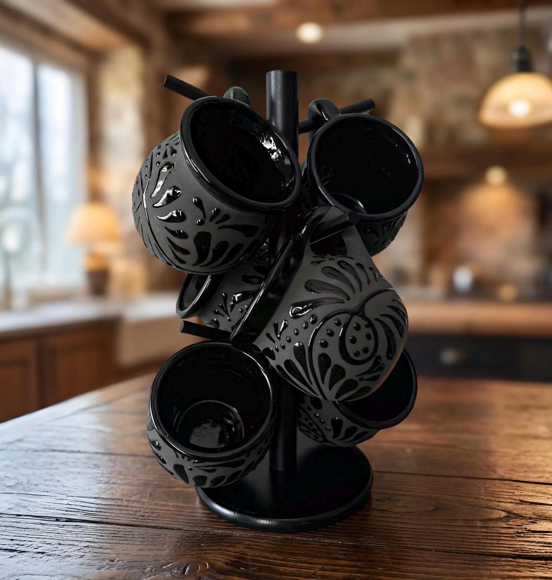 Traditional Handmade Rustic Black Talavera Jarrito Gift Mugs - Mexican Kitchenware Drinking Cups with National Motif for Coffee, Home Bar Use, Classic Coffee Drink Cups, Gift Mug