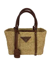 Pre-owned PRADA woven Tote Bags Palmetto Vitello Raffia Naturale Tote Bag