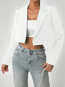 A women's white cropped double-breasted Lapel Blazer, Lady, featuring a minimalist and sophisticated casual style, suitable for everyday outings, light social gatherings, or casual commuting