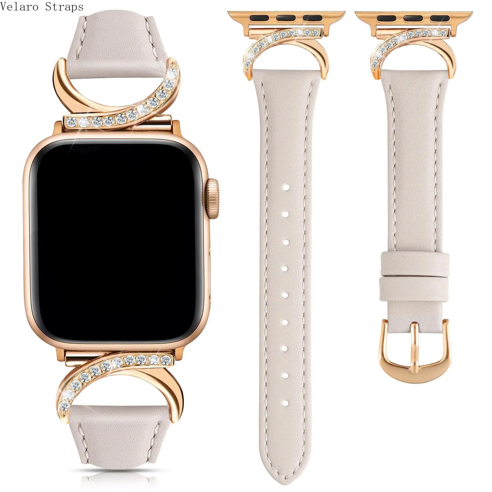 Moon-Shaped Rhinestone Leather Adjustable Durable Metal Smart Watch Strap, Wearable Fashion Accessory for 38-49mm Watches