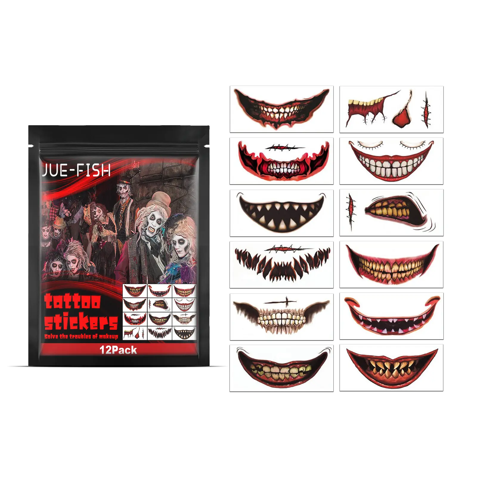 12 Pcs Scary Makeup Decals Featuring Fake Wounds & Stitches, Simple to Apply Body Art Stickers for Costume Makeup, Spooky Effect, Halloween, Lips, Adhesive, Mouth Decals, Face, Adults, Party, Temporary Fake Wounds, Set Pack, 19*10Cm