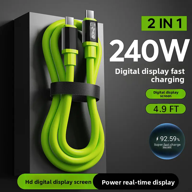 240W Digital Display Flash Fast Charging Mobile Alloy Aluminium Charger Silicone Cable - 4.9ft Upgraded Thickened 7-Strand Core, Type C+Type C/Type C+Lightning, Data Sync for Smartphones & Electronic Devices
