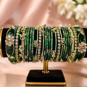 Kashmiri & Glass Bangles Set Size 8 - Elegant Green & Gold Design for Women's Fashion Accessories