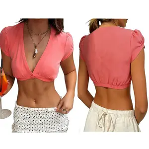 Women's Summer Short Crop Tops Casual Stylish Solid Color Decorative Button V Neck Short Sleeve Super Crop T-shirt