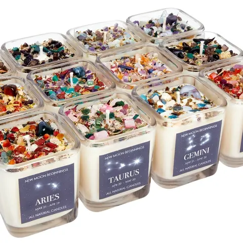 Zodiac Candles with Crystals and Herbs - Zodiac Sign Crystal Candles - Zodiac Gifts - Zodiac Intention Candles - Soy, Handmade! Decor Glass
