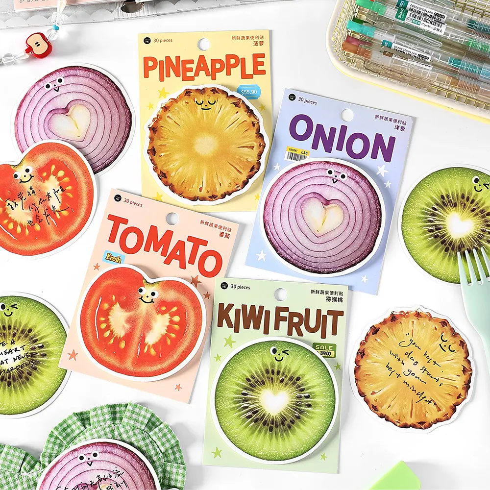 120PCS Fruit-Shaped Sticky Labels 4-in-1 Memo Pads (Pineapple, Onion, Tomato, Kiwi) for Journal Planning, School Supplies, Teacher Gifts, DIY Scrapbooking & Stamping