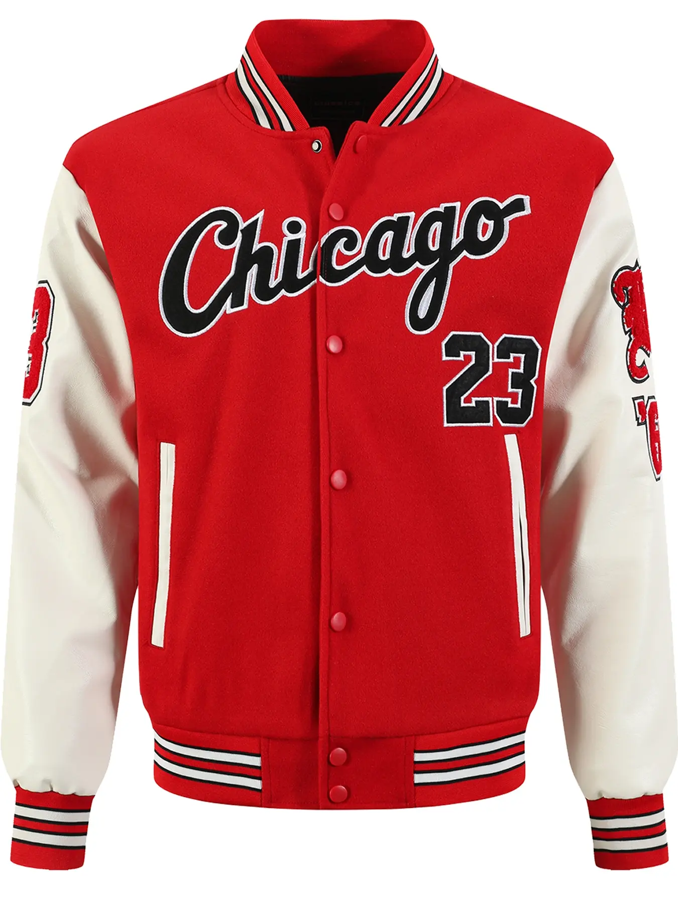 Men's red #23 Number Baseball Jacket, Letterman Jacket, Loose Casual Fashion High-End Embroidered Button-Up, Patchwork white PU Long Sleeve College Style Coat, Street Fashion Outerwear, Streetwear Jackets