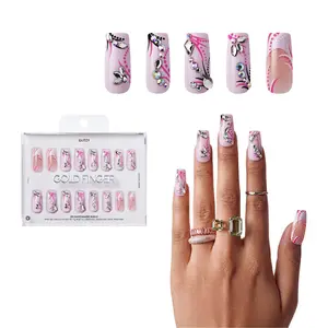 Gold Finger Glitzy 3D Press-On Nails in Modiste – Long Square Fake Nails, Pink Swirls & 3D Rhinestones, Luxury Glue On Nails, 28 Pc Kit
