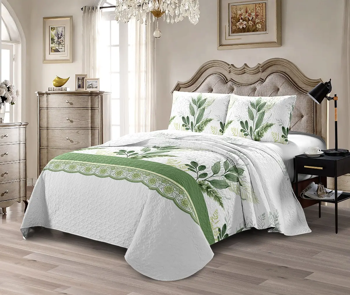 Forest Leaf Luxury 3-Piece Quilted Bedspread Set