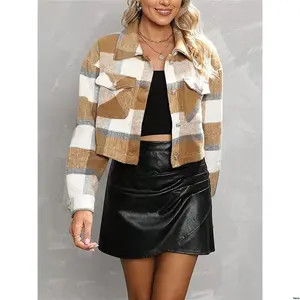 Coat Short Sleeve Long Casual Flannel Fashion Women s Cropped Shacket Jackets Plaid Crop