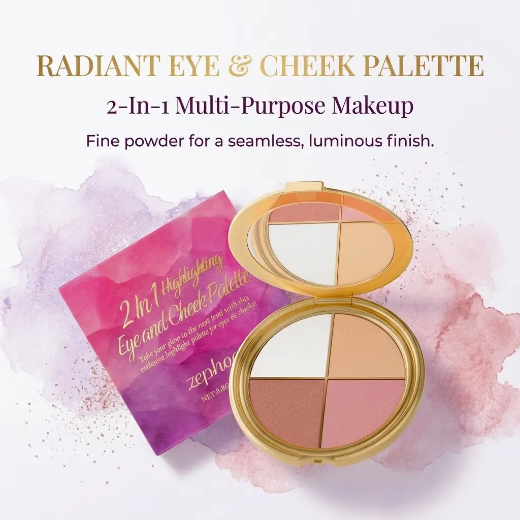 3-in-1 Highlight Eyeshadow Blush Palette - Portable Size, Natural Makeup Look for Everyday Eyes and Cheeks Use