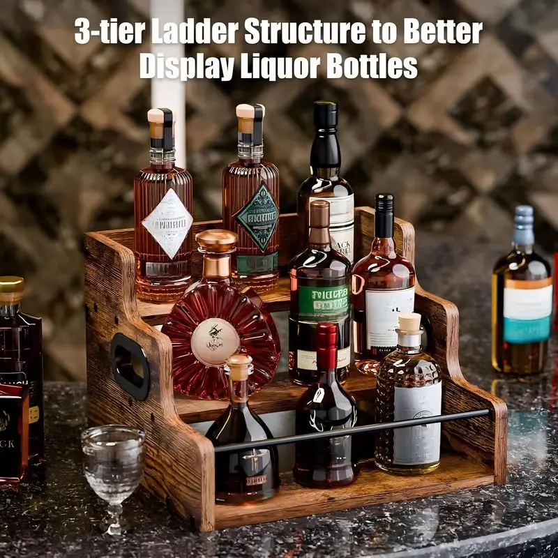 Wooden Wine Bottle Holder, 3-Tier Wine Rack Organizer, Rustic Countertop Bottle Stand for Wine, Whiskey, Champagne & Spirits, Space-Saving Bar & Kitchen Storage Display