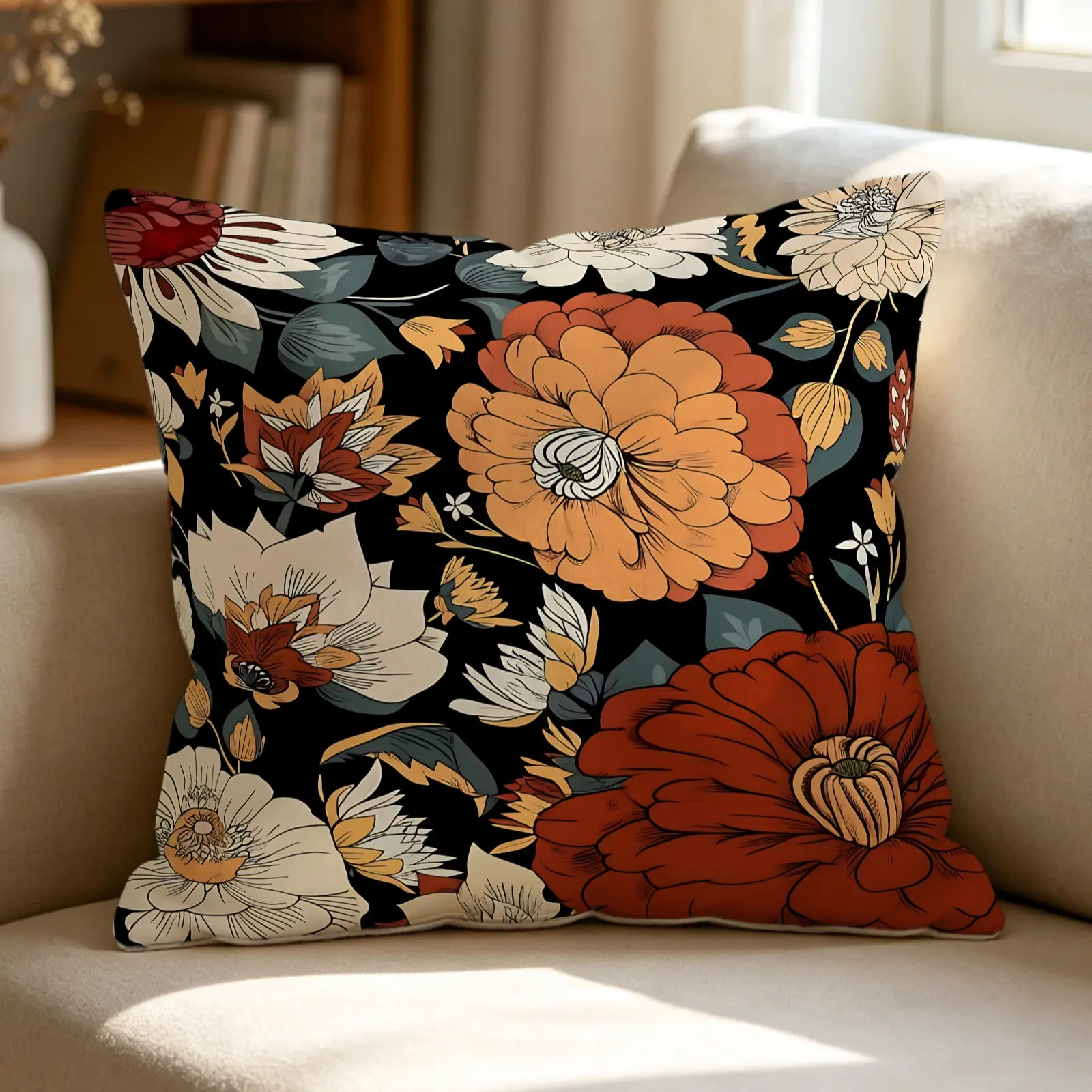 Bohemian Floral Throw Pillow, Includes Pillow Core Cushion, Ethnic Botanical Print Accent Pillow, Soft Plush, Vintage Boho Style Decor for Living Room, Sofa, Couch, Bedroom, Farmhouse & Home, Cushions for Sofa, Square Pillow for Girls & Adult