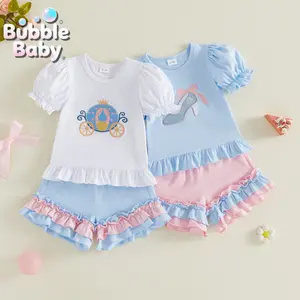 Toddler Girl Cinderella 2-Piece Set - Puff Sleeve Ruffle Hem Top with Carriage & Glass Slipper Applique Ruffle Trim Shorts Princess Summer Outfit