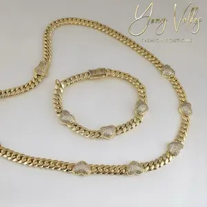Gold Plated Cuban Chain Necklace and Bracelet Set with Heart Detail