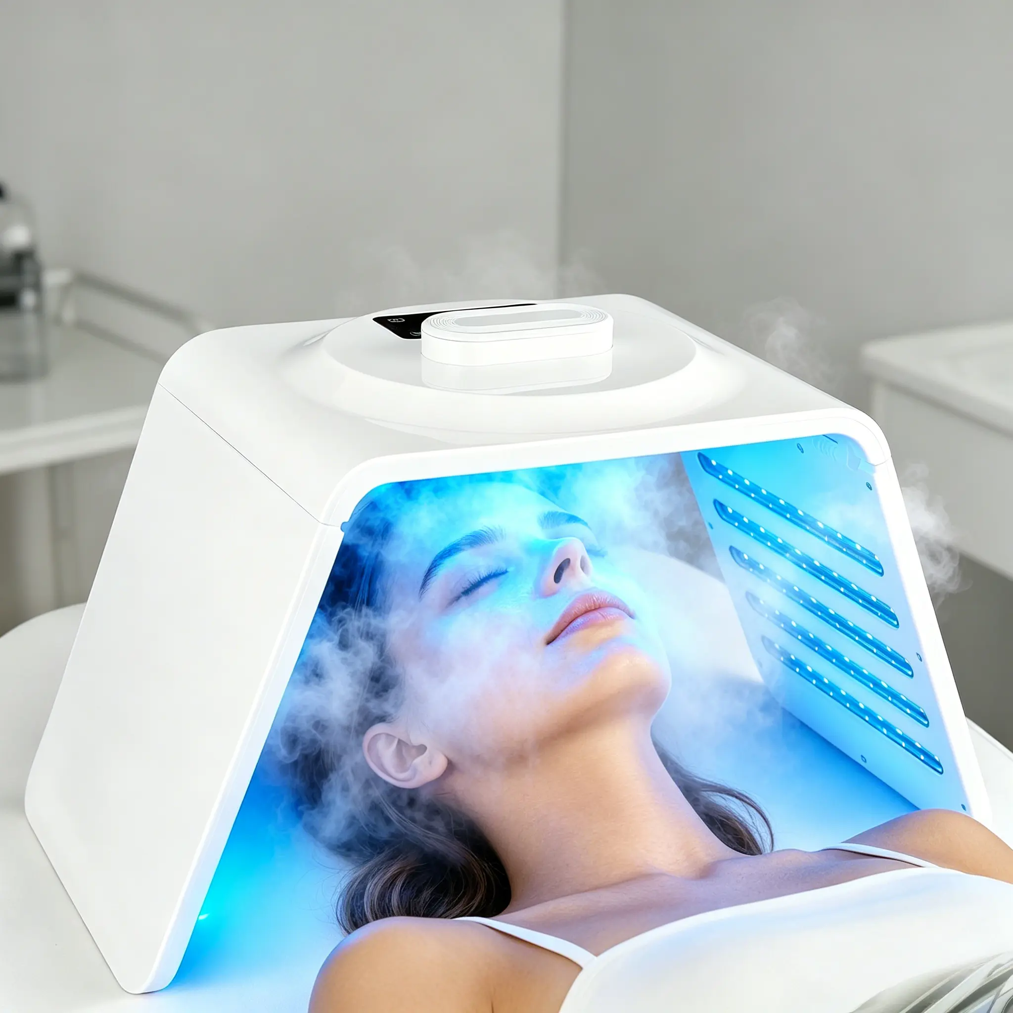Professional 110V Ergonomic Folding LED Facial Mask - 7-Color Spectrometer Light Therapy Device with Adjustable Multi-Intensity Facial Steamers, Moisturizer Spray, Firming Function for Salon & Daily Use