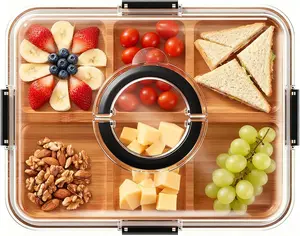 Portable Bamboo Charcuterie Board with Lid and Safety Snap Locks - 6 Compartment Cheese Board with Clear Locking Acrylic Cover, Stackable Travel Serving Tray for Picnics, Parties & Housewarming Kitchen Gifts