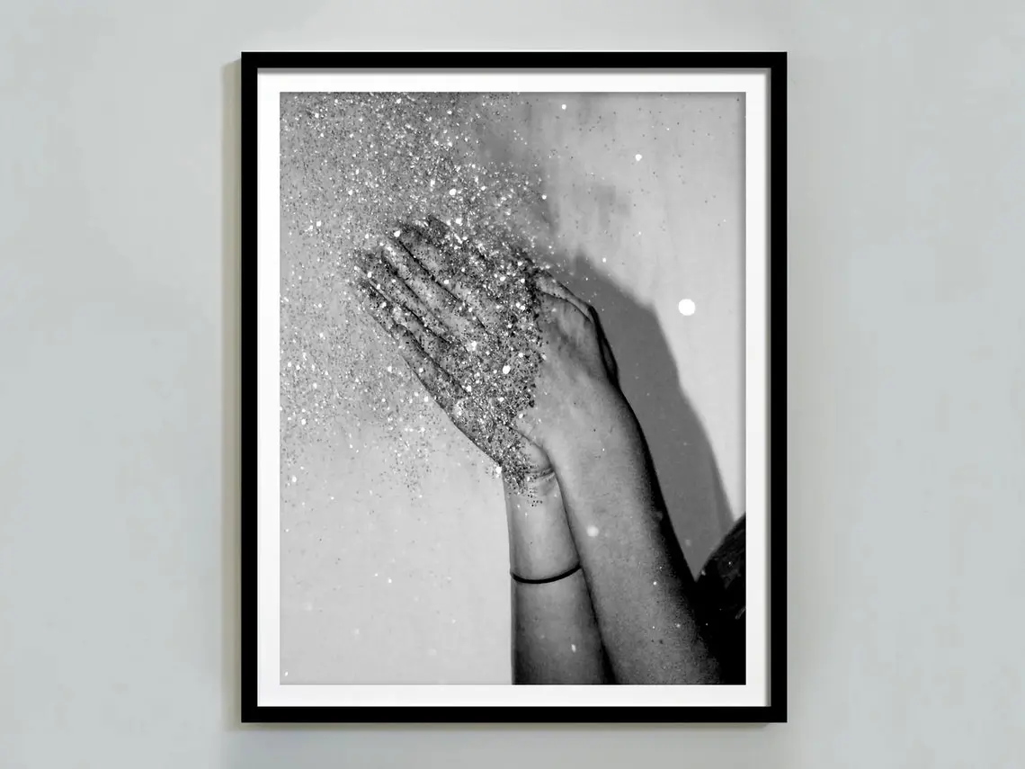 Disco Party Glitter Hands Print, Black and White Wall Art, 70s Disco Poster, Girly Dorm Room Decor, Maximalist Wall Art