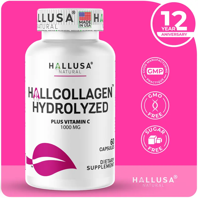 Hallusa Natural Organic Hydrolyzed Collagen Peptides Capsules - 1 Bottle, 1000MG Vitamin C, 60 Count, Vegan, Gluten-Free, GMO-Free, Edible Dietary Healthcare Beauty Products, Adult Anti-Aging Skin Care & Joint Support Supplements