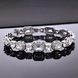Moissanite Multi Shape Tennis Bracelet Iced Out Diamond Look Link Chain for Women, Oval Pear emerald Cut Halo Sparkly Luxury Dainty Bracelet, Elegant Statement Wrist Jewelry for Wedding Party Anniversary Gift Stackable Style