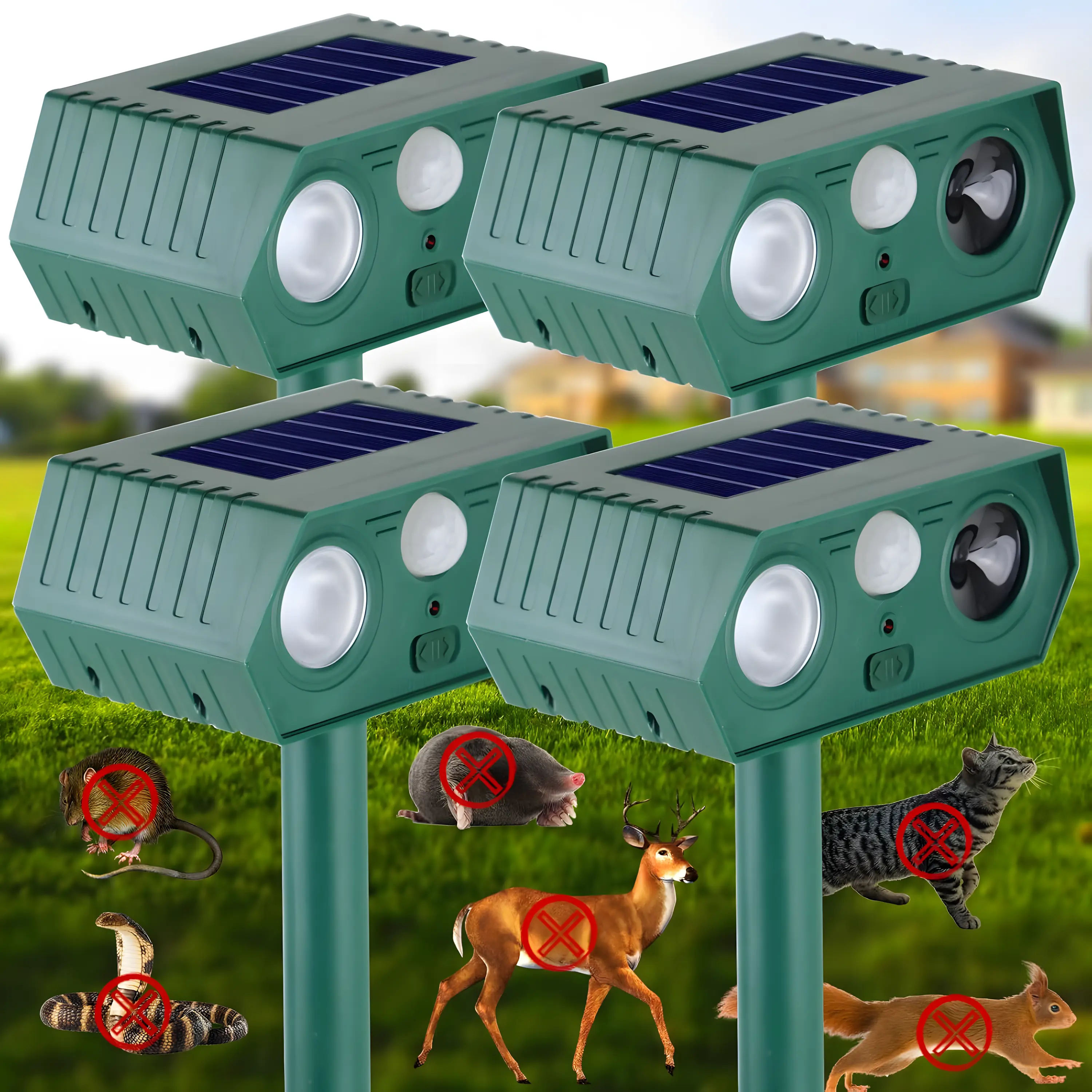 4pcs Cat Repellent Outdoor,Solar Animal Repellent Outdoor, Deer, Squirrel, Mouse Ultrasonic Repellent Etc,Devices Motion Detection Waterproof with LED Flash Lights for Yard Farm Garden   pest control multi-scene application rodent animal repeller