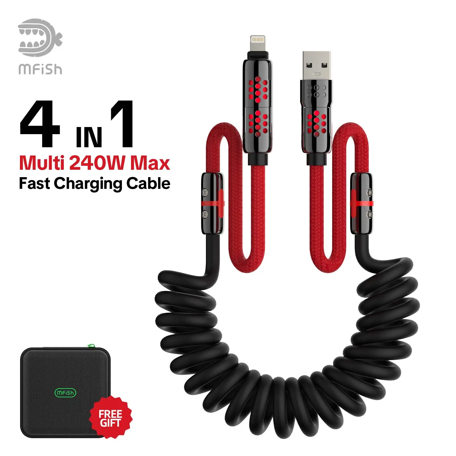 mfish Armored Dragon 8 Coiled 4-in-1 Charging Cable, 240W Fast Charging, Tangle-Free USB-C/Lightning Cable for Smartphone, Cellphone, Mobile Electronic Device Use on Car, Desk (Compatible with CarPlay), Usb C Cables