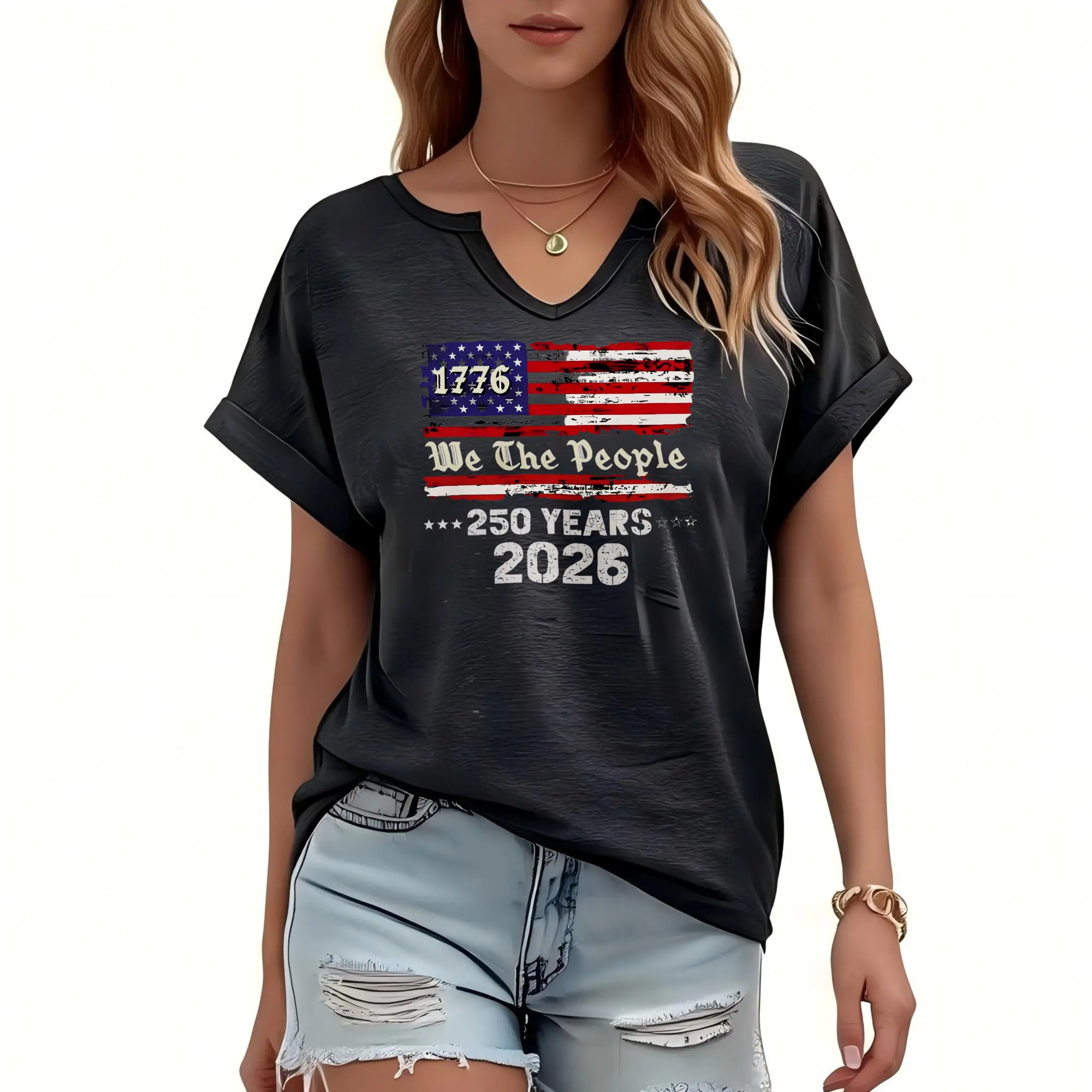 Girl's Chic Casual Lightweight V-Neck Batwing Sleeve Wide Leg T-Shirt - 1776 We The People 2026 Flag Graphic, Rolled Cuffs, Loose Fit, Summer Tee, Knit, Printed