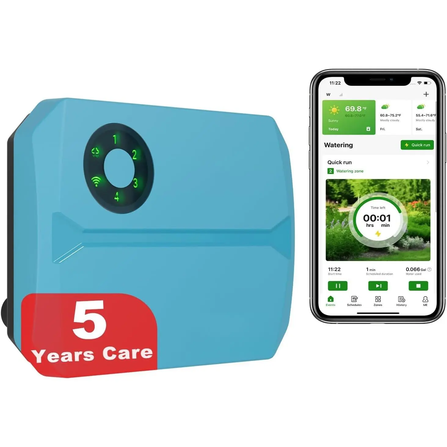 Sprinklers Controller WiFi, Irrigation Controller Easy Use App Enabled, 4 Zone + 16 Plans, Save Water Auto  Rain, Freeze & Wind, 10 Minutes Install (Light Blue)