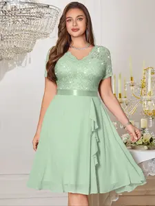 MISSMAY P84118A Plus Elegant V-Neck Short Sequin Lace Floral Contrast Chiffon Ruffle Trim Formal Cocktail Party Flowy Swing Dress