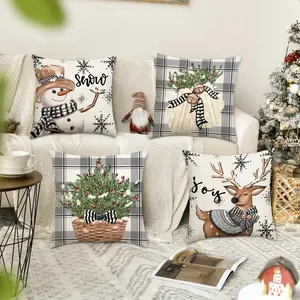 Christmas Themed Pillow Cover, 4 Counts/set Snowman & Reindeer & Plants & Letter Pattern Cushion Cover, Decoration Supplies for Living Room Bedroom