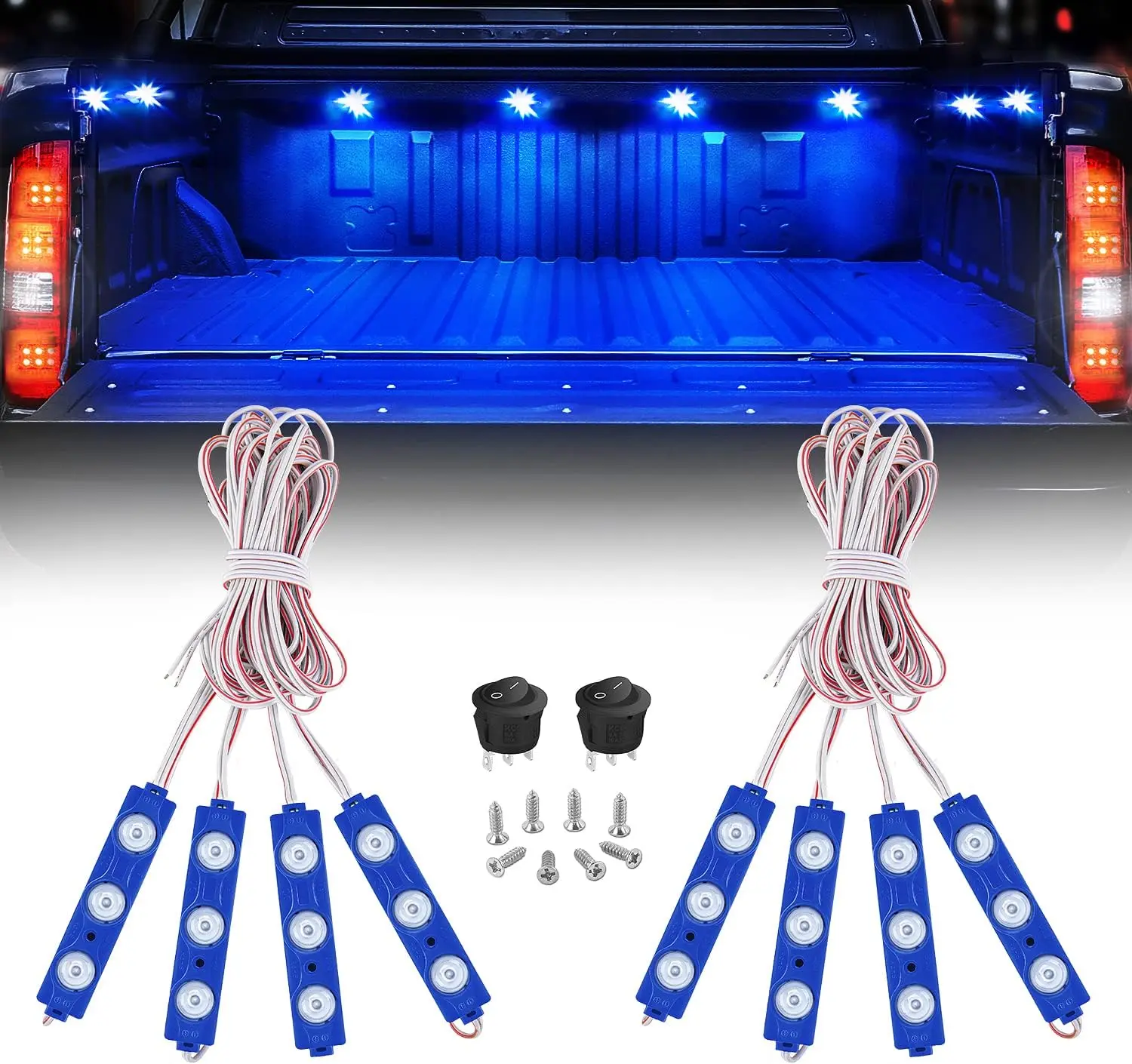 Nilight 8PCS Truck Pickup Bed Light 24LED Blue Cargo Rock Lighting Kits with Switch for Van Off-Road Under Car Side Marker Foot Wells Rail LED Arrow Tailgate Light Strip  dealsforyoudays Underglow Car, Led Lights Car, Truck Stuff