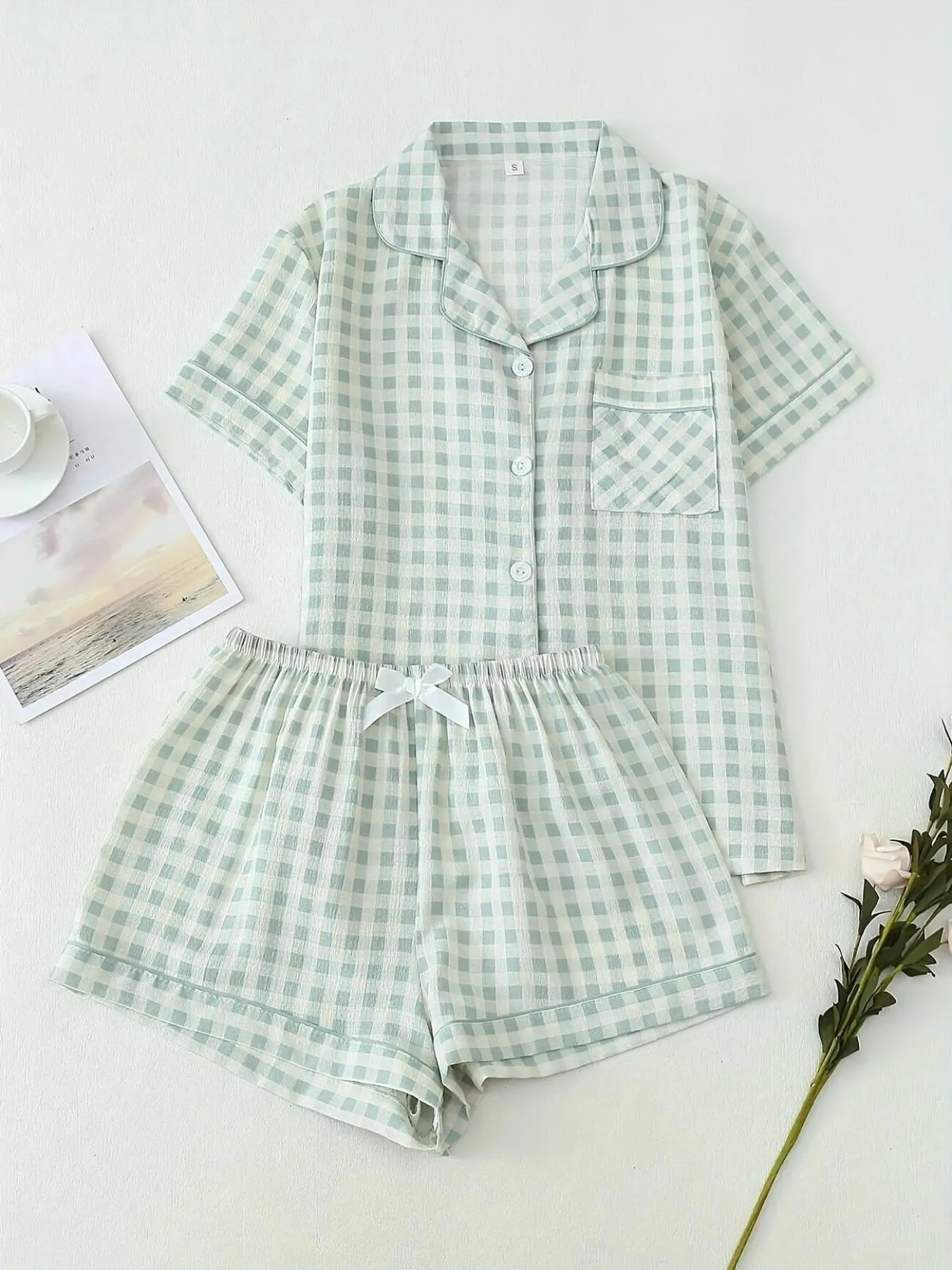 Women's Gingham Print Crop Shirt & Shorts Pyjama, Casual Comfy Short Sleeve Collared Top & Shorts PJ Set, Ladies Sleepwear Loungewear Set for Summer Gingham Pajama Pajamas Sets