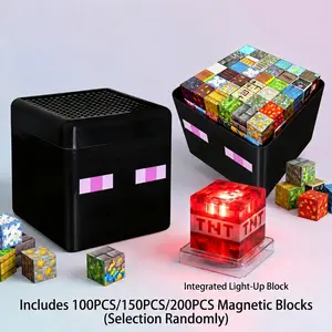 Light Up Magnetic Blocks-200/150/100PCS Random Magnetic Building Blocks Set with Creative Storage Box，Light Up Magnet Cubes Build Mine Magnet World Tiles， STEM Montessori Sensory Toys for 3+ Boys Girls ，Safe Toddler Kids Construction Toys， Birthday Gifts