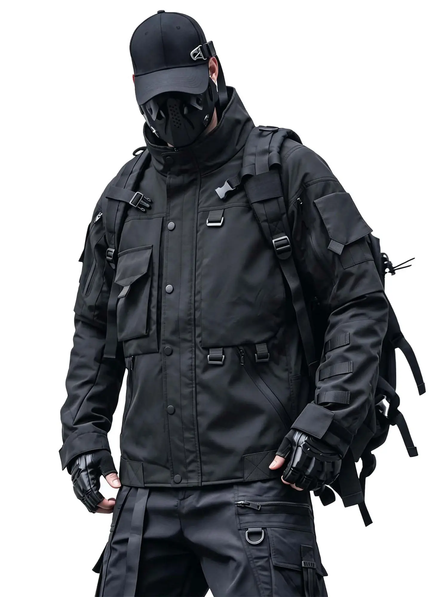 Hzj01 Niepce Black Japanese Techwear Windbreaker Jacket for Men with Multi Pocket