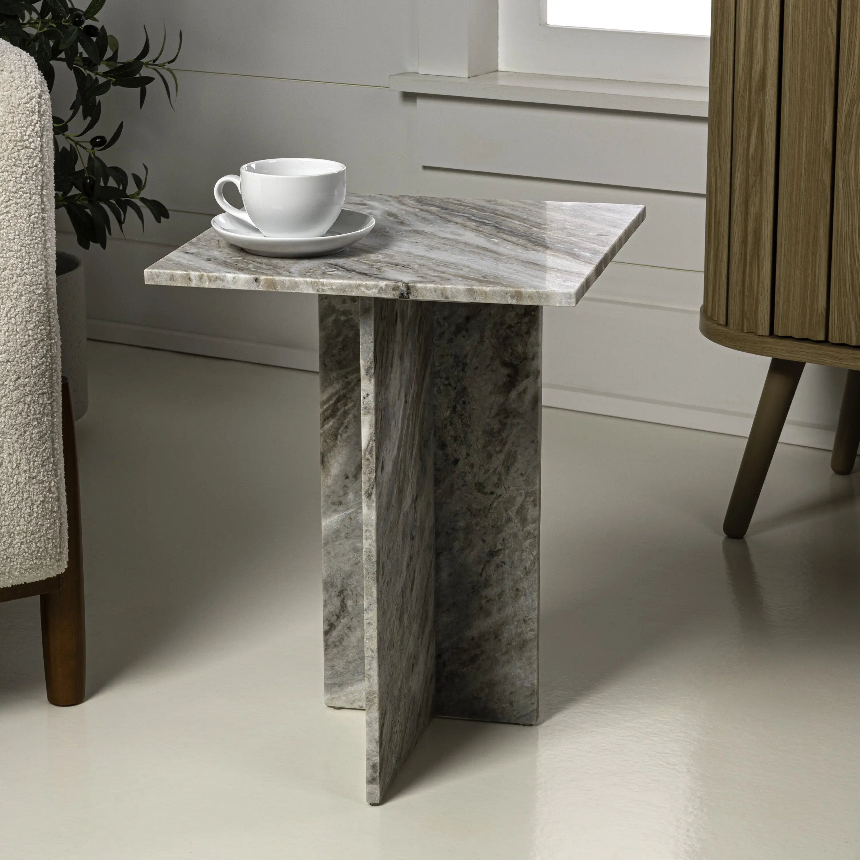JONATHAN Y Cecil 14" Contemporary Natural Marble Handmade T-Shaped End Table, Gray/Beige