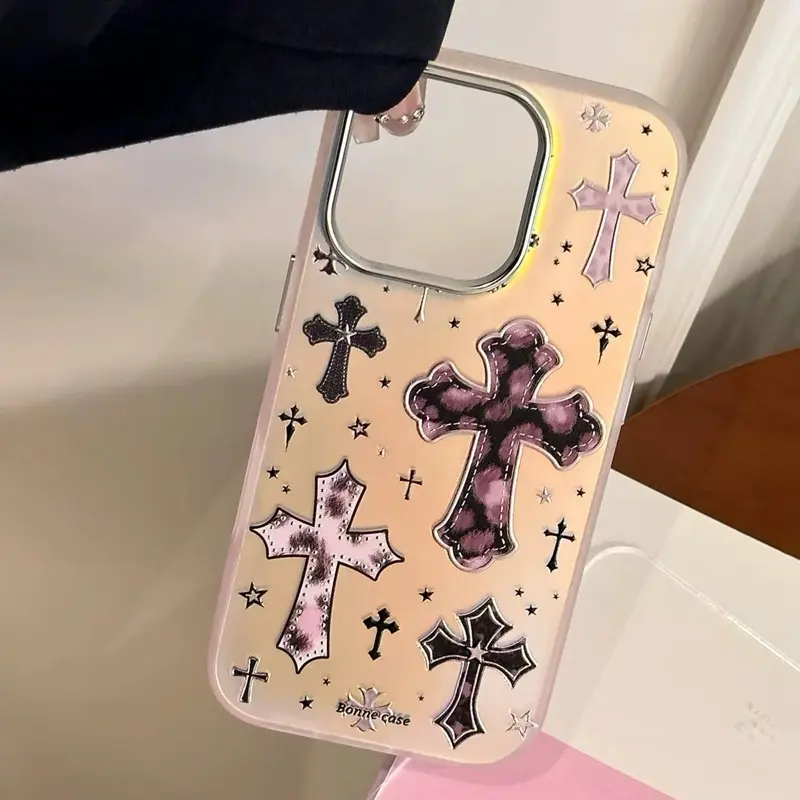 Pink Chrome Phone Case with leopard Crosses Design for Stylish Protection