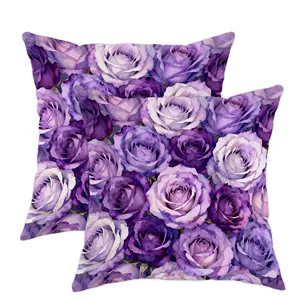 Jit 2pcs Rose Throw Pillow Covers Floral Design with Hidden Zipper, Romantic Petal Leaf Spring Violet Pattern for Home Decor