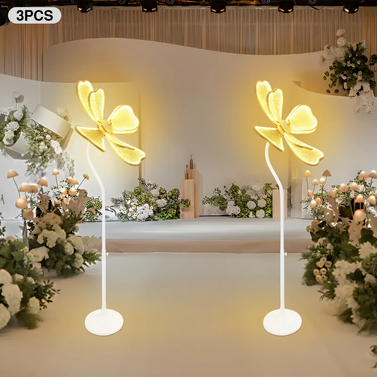 3-Pack Modern Warm LED Flower Floor Lamp with LED Strip, 3* Wedding Lights for Stage, Hotel Decorations, Indoor Window Decorative Display, Iron+Plastic, Indoor Use, 3Pcs, 50W