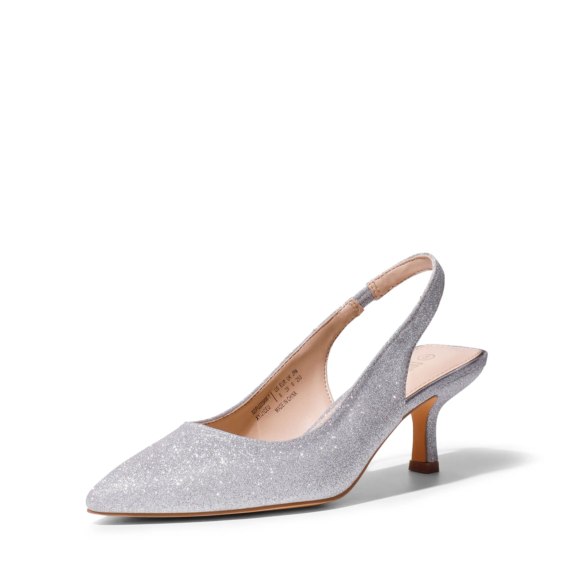 Dream Pairs Women's Pointed Toe Slingback Pumps, Silver Glitter Comfortable Heels, Synthetic Footwear with Cushioned Sole for Office & Evening, Elegant, Shoe, Classy, Pu/Suede, Glitter/Pu