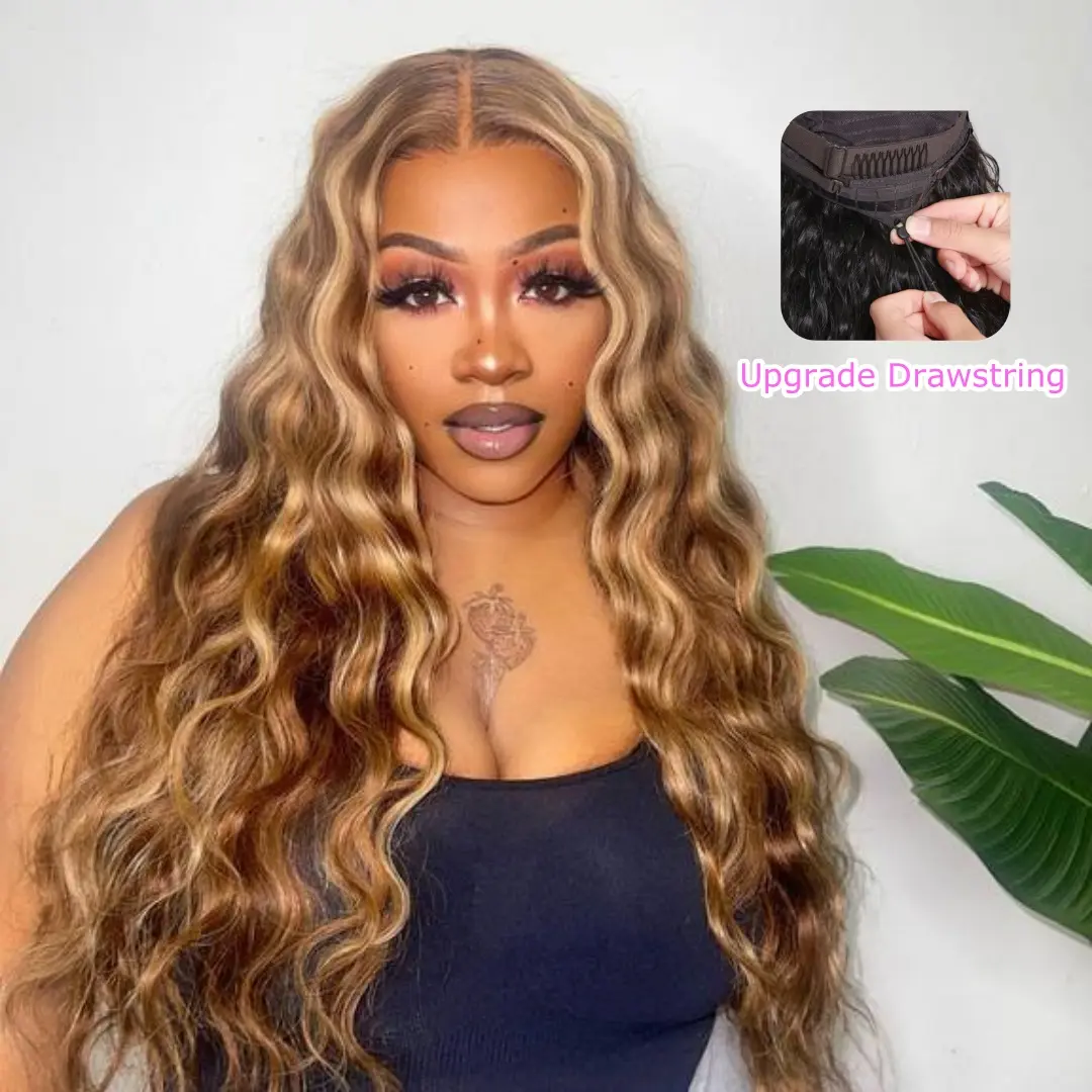 UNICE Glueless Body Wave Wig, Honey Blonde Highlight Human Hair, Ready to Go with 7x5 Pre-Cut HD Lace, Pre-Plucked, Bleached Knots, 180% Density, Blonde Human Hair Wig, Glueless Closure Wig