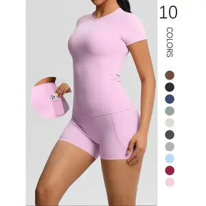 Women's Solid Color Ribbed Tracksuit Set, Breathable Quick Drying Crop Tee & Skinny Shorts Set, Ladies Sportswear for Indoor Outdoor Wear, Athletic Tracksuit, Activewear, Workout Running Clothes