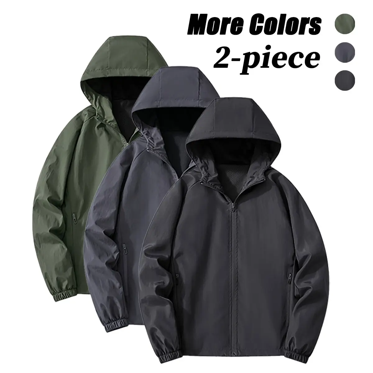 Menswear Men's Plain Long Sleeve Stylish Hooded Windproof Full-Zip Mesh Lined Coat - Outdoor Raglan Sleeved Outerwear with Elastic Cuffs, Casual Softshell for Hiking, Commuting