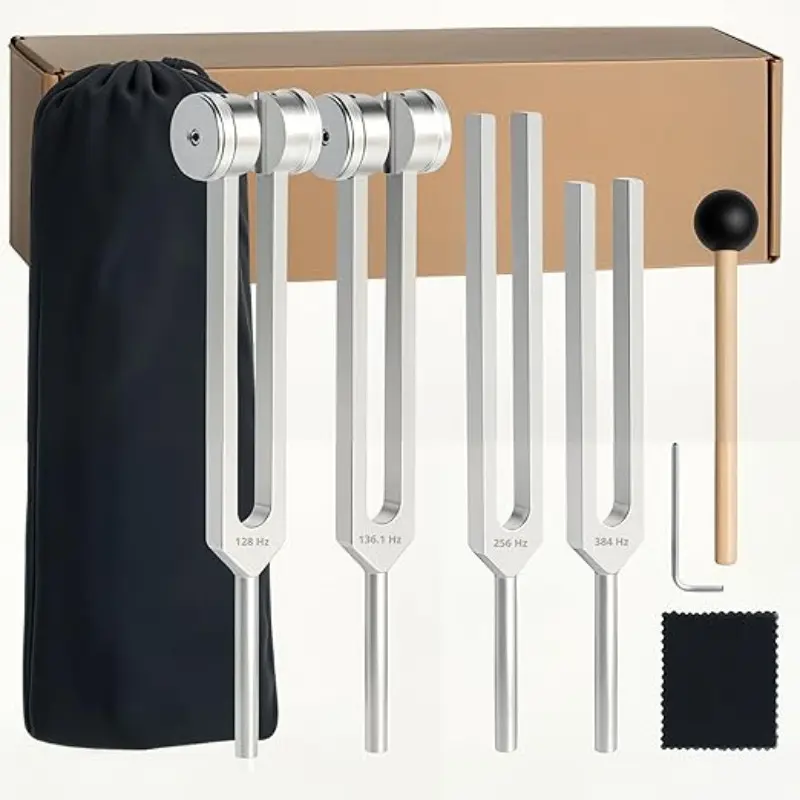 Healing Tuning Fork Set – 128 Hz, 136.1hz, 256 Hz, 384 Hz Weighted Sound Therapy Tools, Chakra Balance, Relaxation, Body Massage, Percussion Instrument, Percussion Musical Instruments