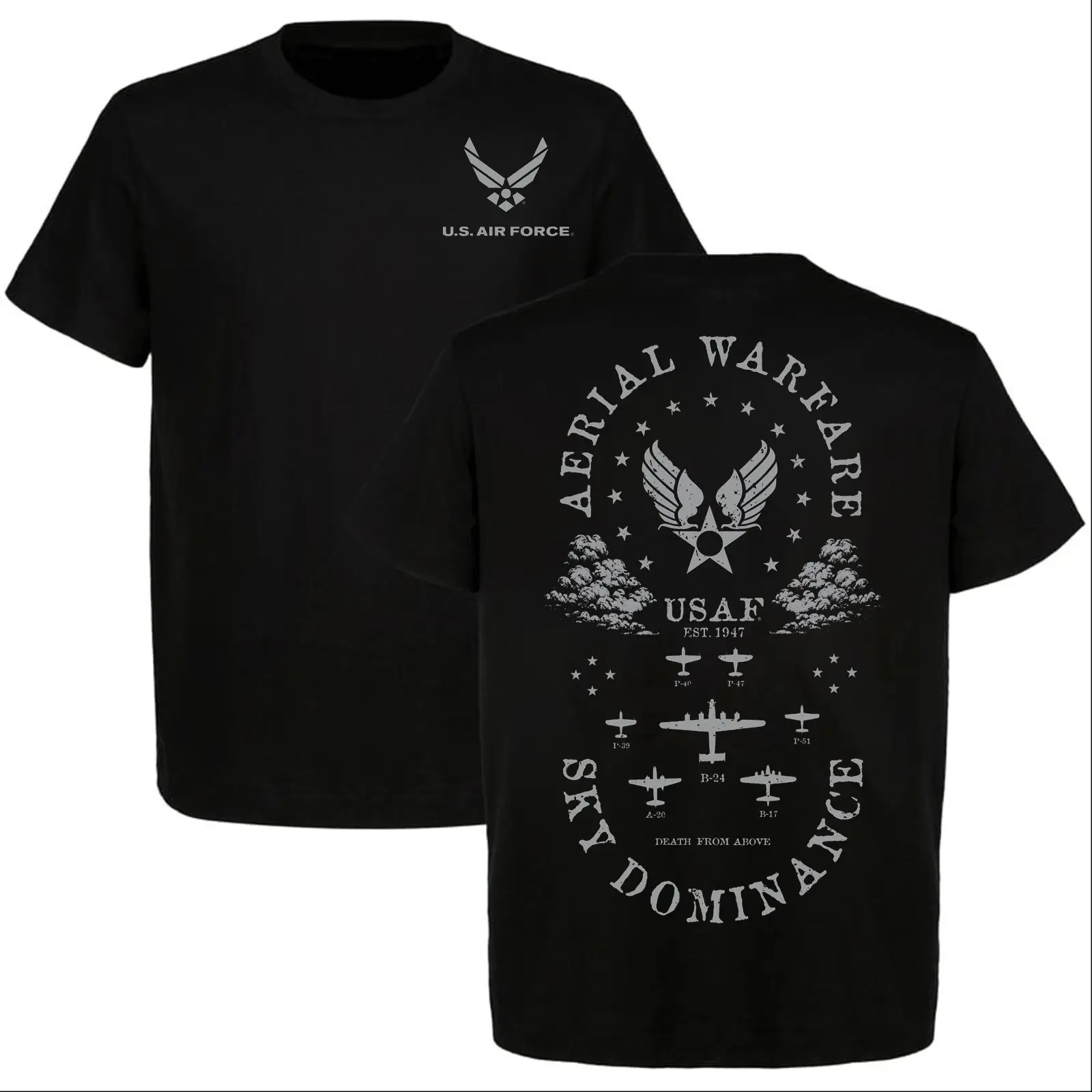 US Military Aviation Round Neck T-Shirt - Patriotic Aerial Warfare Graphic Streetwear Top, Vintage Sky Dominance Casual Tee for Veteran Men-Women, Tshirt, Vintage Print, Cold Wash, Shortsleeve, Pure Cotton, Unisex Fit, Crew Neck, 3Xl, Do Not Bleach, Short