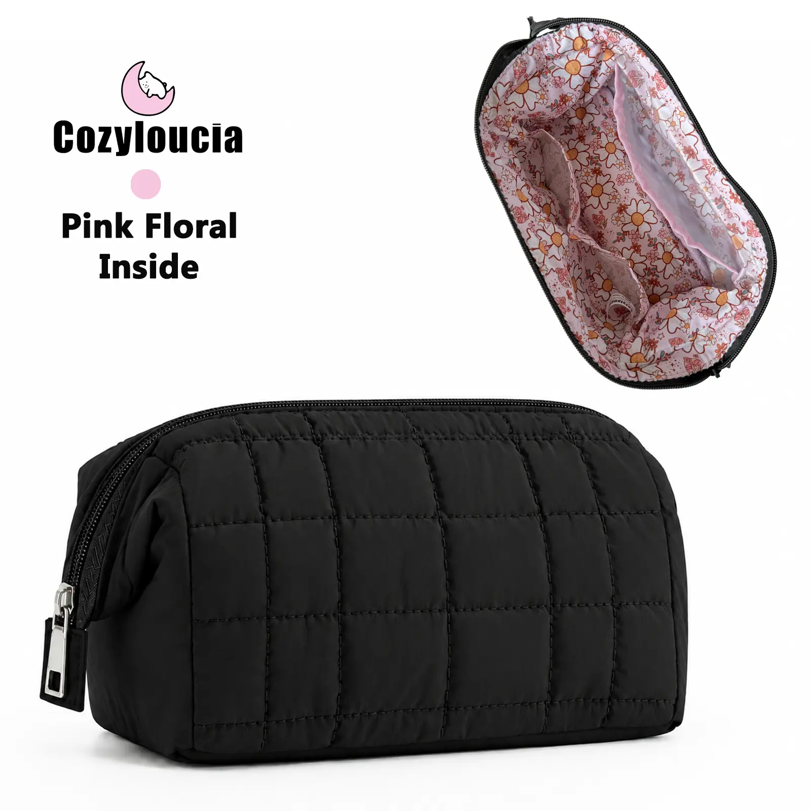 COZYLOUCIA Women's Puffy Quilted Makeup Bag - Cute Cosmetic Case with Built-in Organizer for Travel, Business, Wedding & Makeup Organization