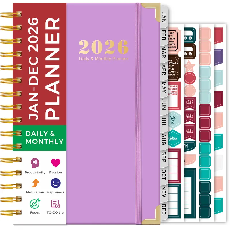 2026 Daily & Monthly Planner/Calendar, January 2026 - December 2026 Hardcover Planner Book With Monthly Tabs, Inner Pocket, Flexible Cover, A5 Compact Size (8.4"x5.7"), Perfect For Women & Men