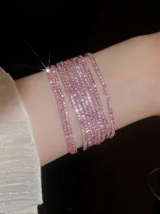 10-piece set of 2mm wide pink elastic crystal bracelets, women's glamorous party and evening wear style adjustable bangle set