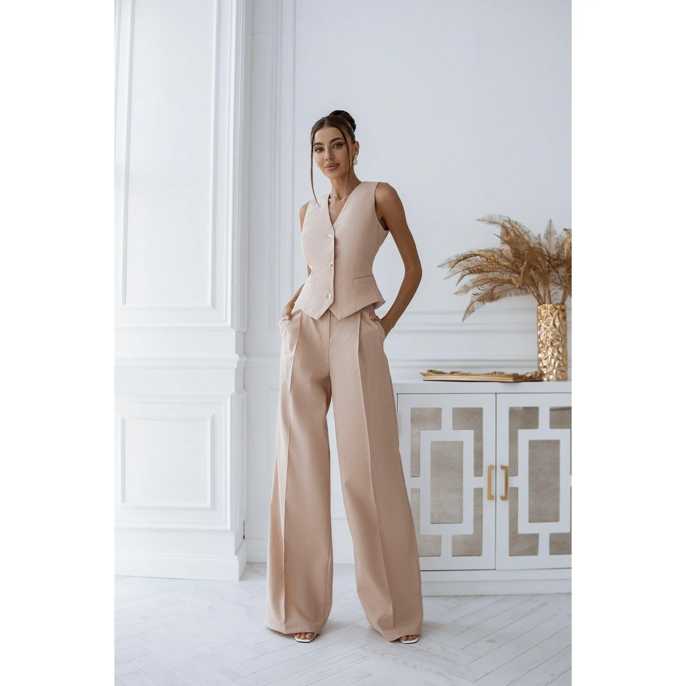 Beige Formal Vest  & High Waist Pants