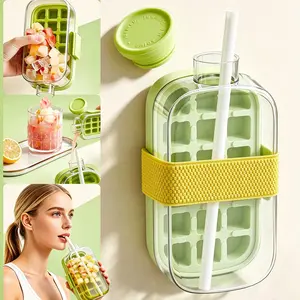 Ice Cube Tray with Lid and Bin - 2 In 1 Ice Cube Bottle, Dual-Seal Superior Leak Proof Easy Press Ice Tray Water Bottle with Straw No Bandage Design for Freezer Travel Gym Home